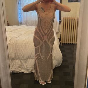 Nude black rhinestones Sheath Maxi Dress mesh and rhinestones